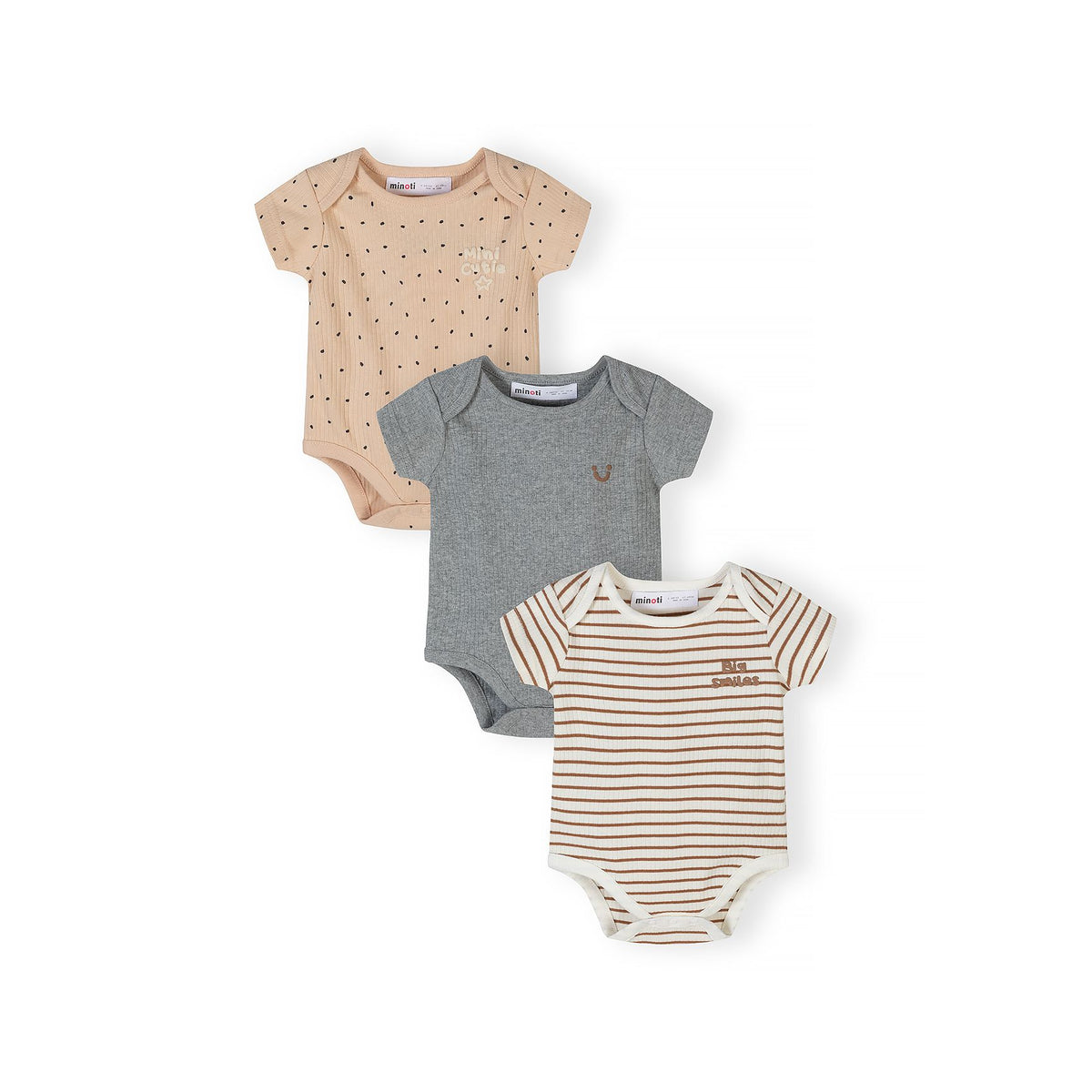 Baby short-sleeved bodysuits 3-pack in beige, grey and cream — complete product view for square Shop card