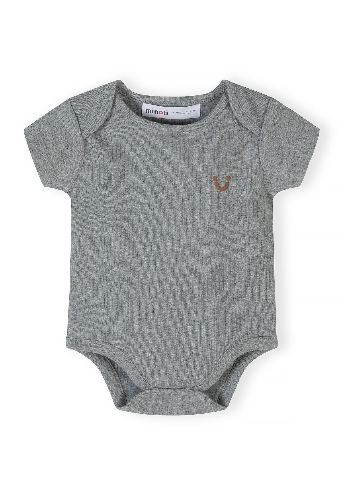 Boys ribbed short sleeve bodysuit in grey with press-stud fastening.
