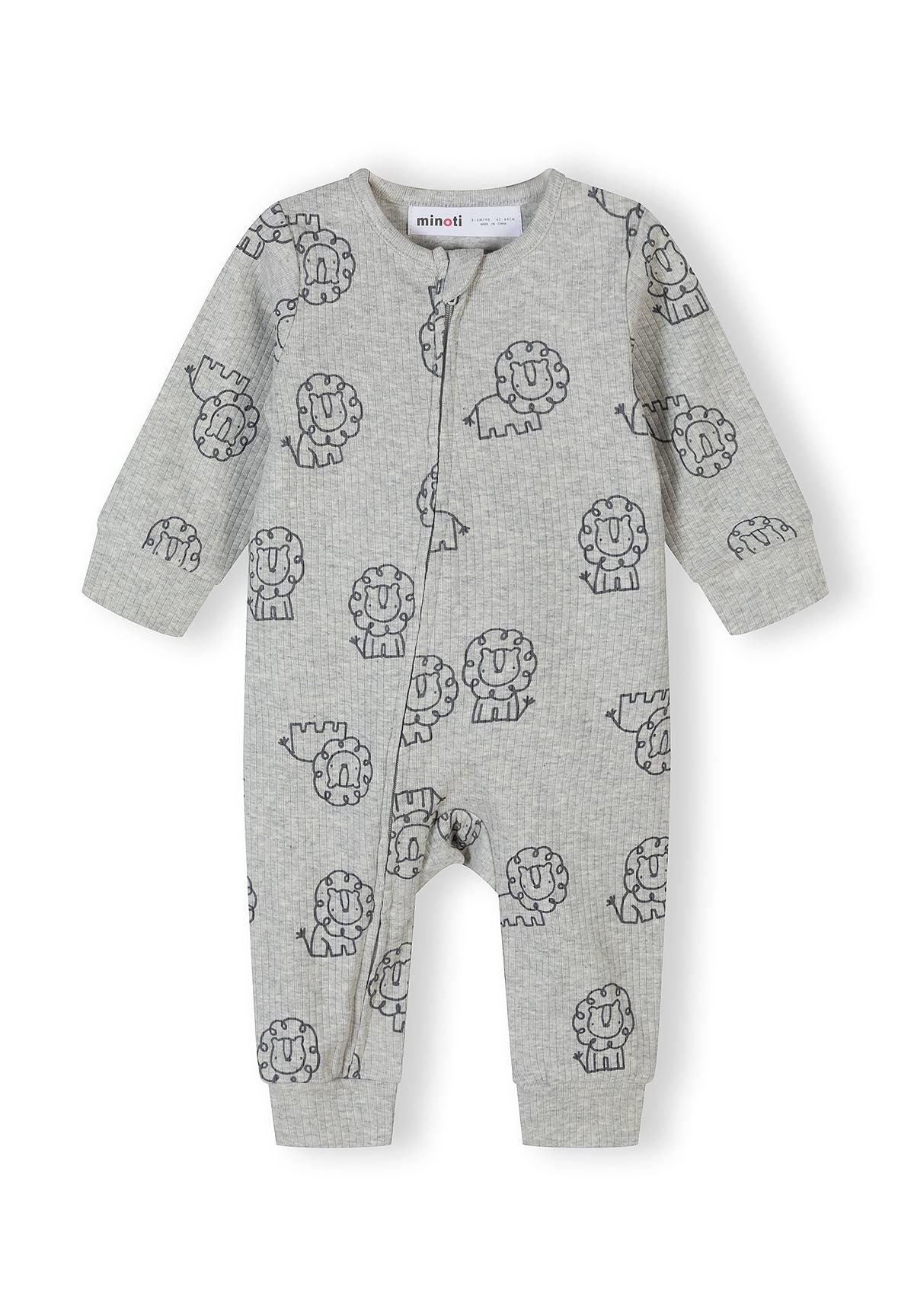 Boys grey ribbed sleepsuit with lion motif, front view, long sleeves, covered feet.