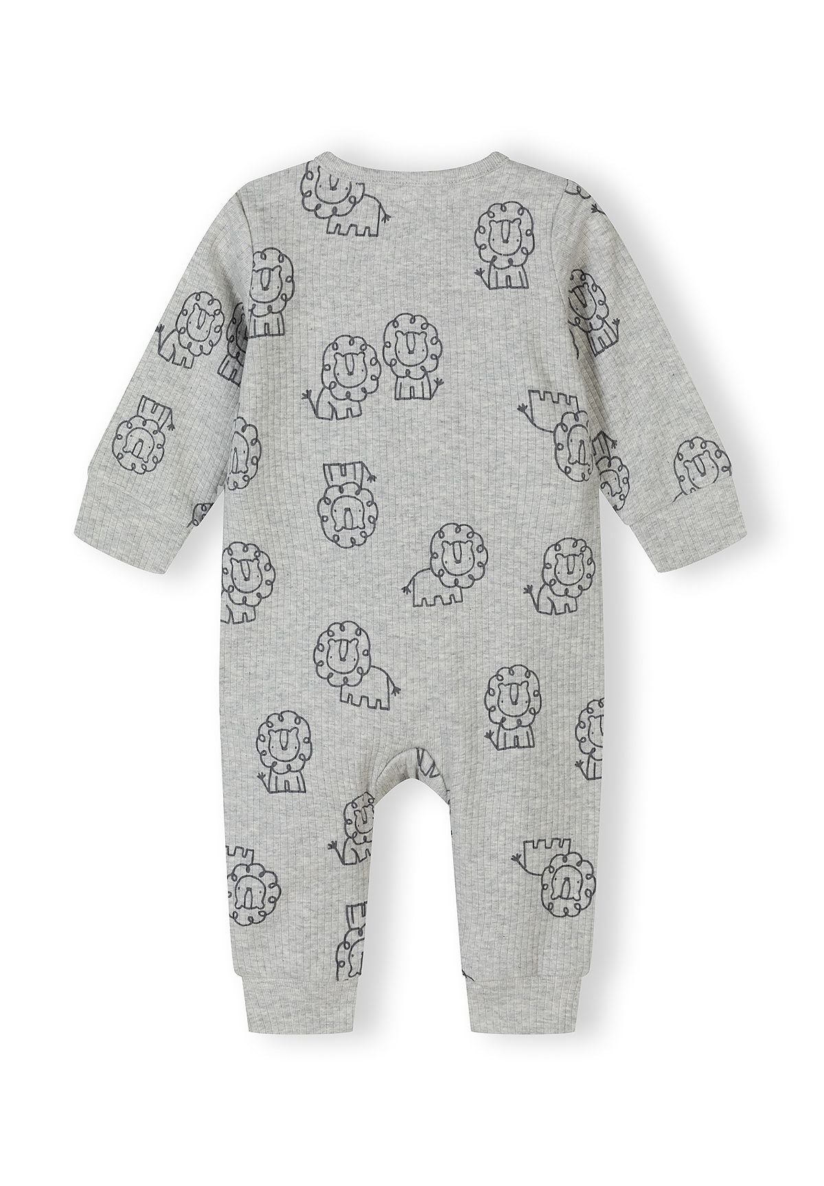 Back view of a gray ribbed sleepsuit for boys with a lion motif.