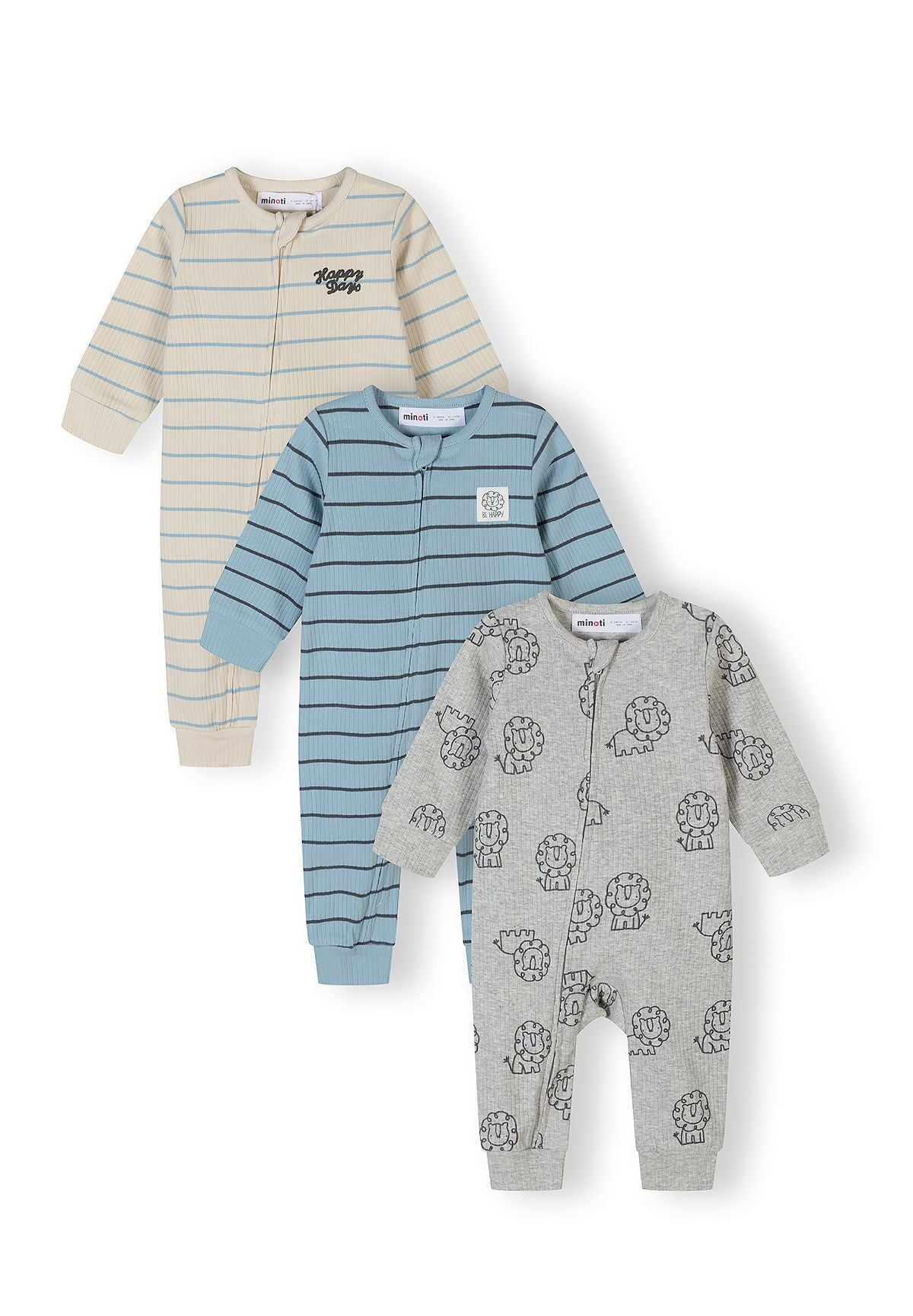Three blue ribbed sleepsuits for boys, featuring lion motifs and long sleeves.