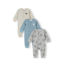 Boys 3-pack ribbed cotton sleepsuits: blue, cream striped, and grey with lion motifs, 0-24 months.