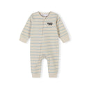 Beige ribbed cotton sleepsuit with blue horizontal stripes, "Happy Days" embroidery, and full-length zipper.