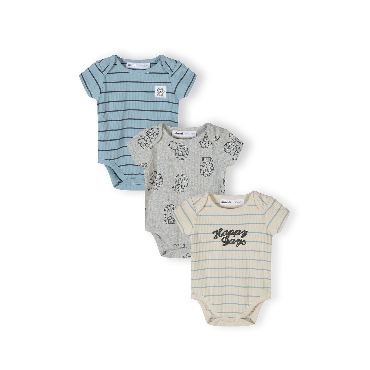 Baby short-sleeved bodysuits 3-pack in blue, grey and cream — complete product view for square Shop card