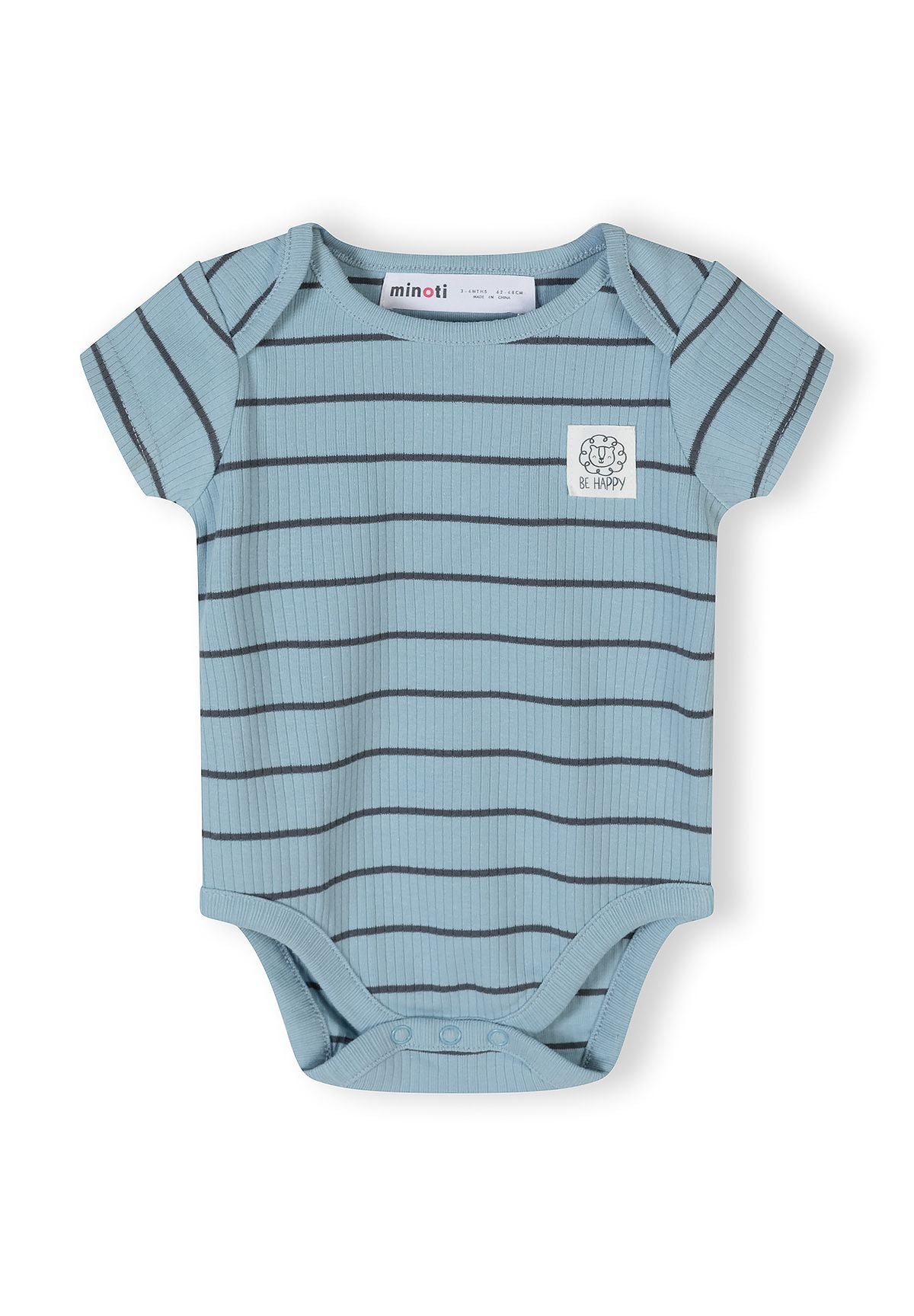 Boys ribbed short sleeve bodysuit in blue with stripes and lion print, front view.