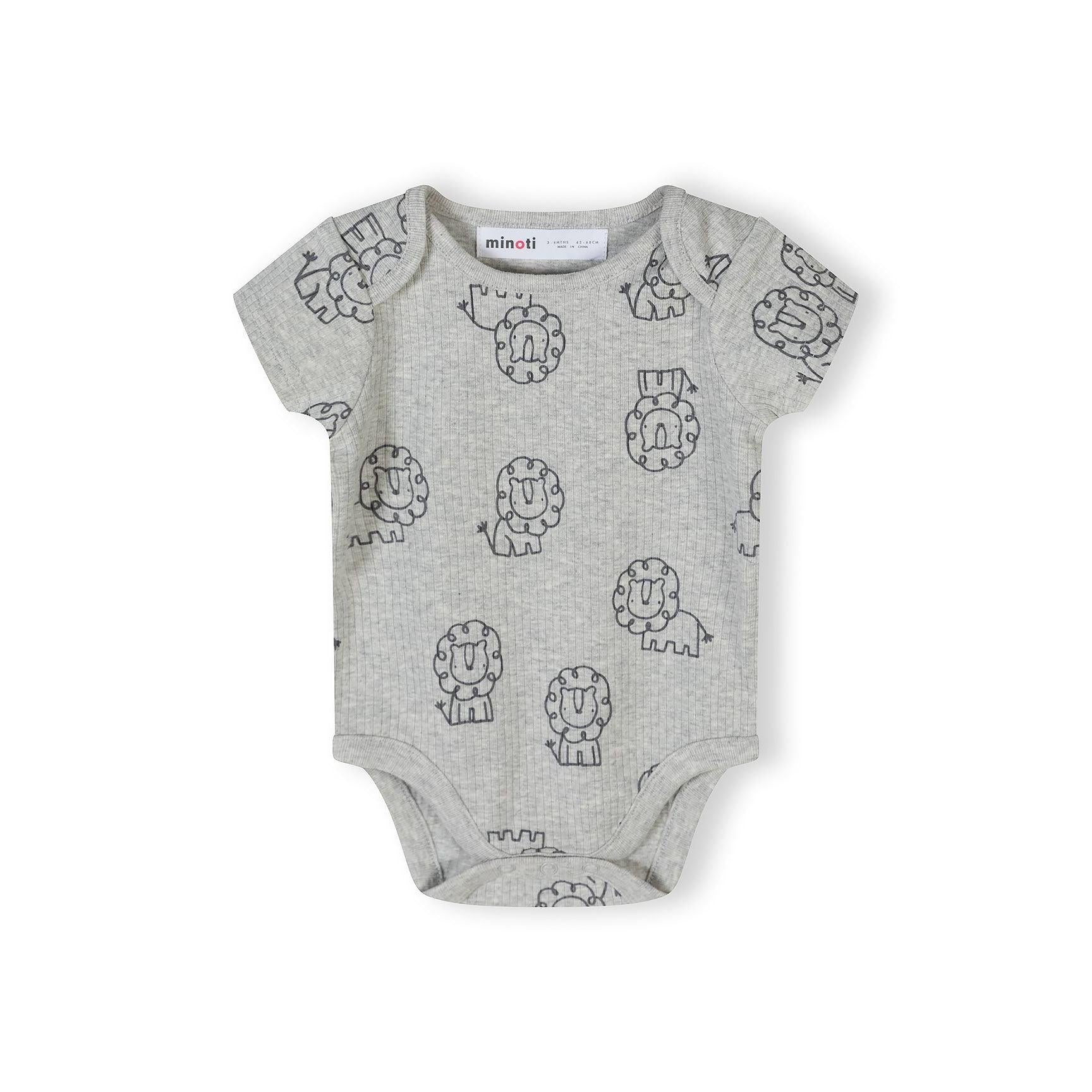 Close-up of cream coloured ribbed bodysuit with blue stripes and Happy Days text in dark script lettering, showing Minoti label