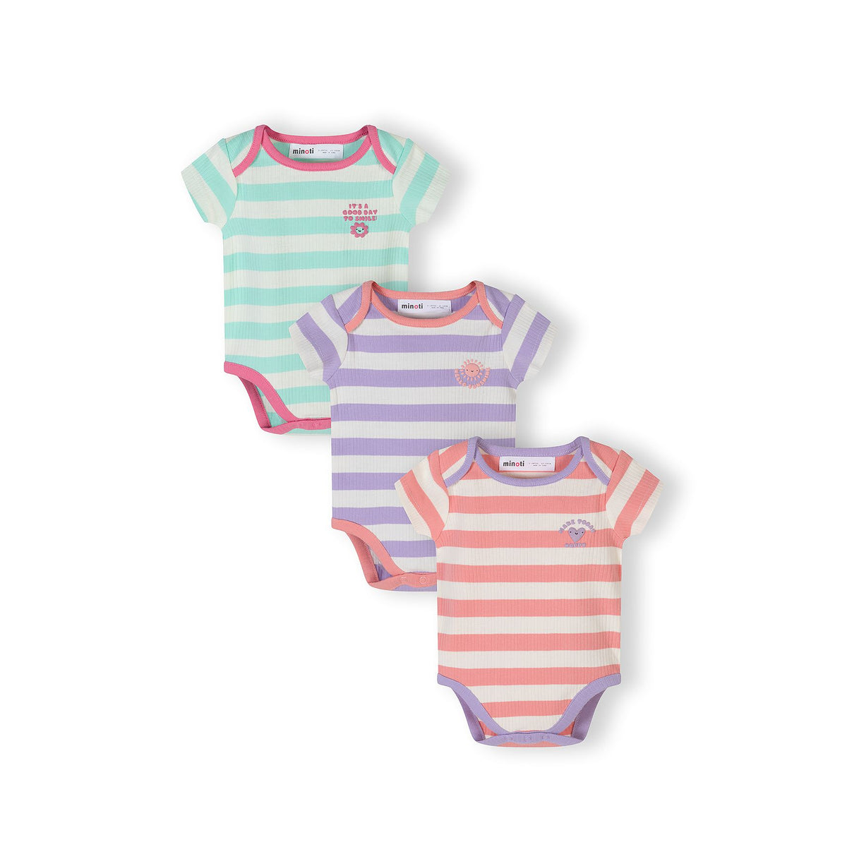 Baby short-sleeved bodysuits 3-pack in mint, lilac, coral and cream — complete product view for square Shop card