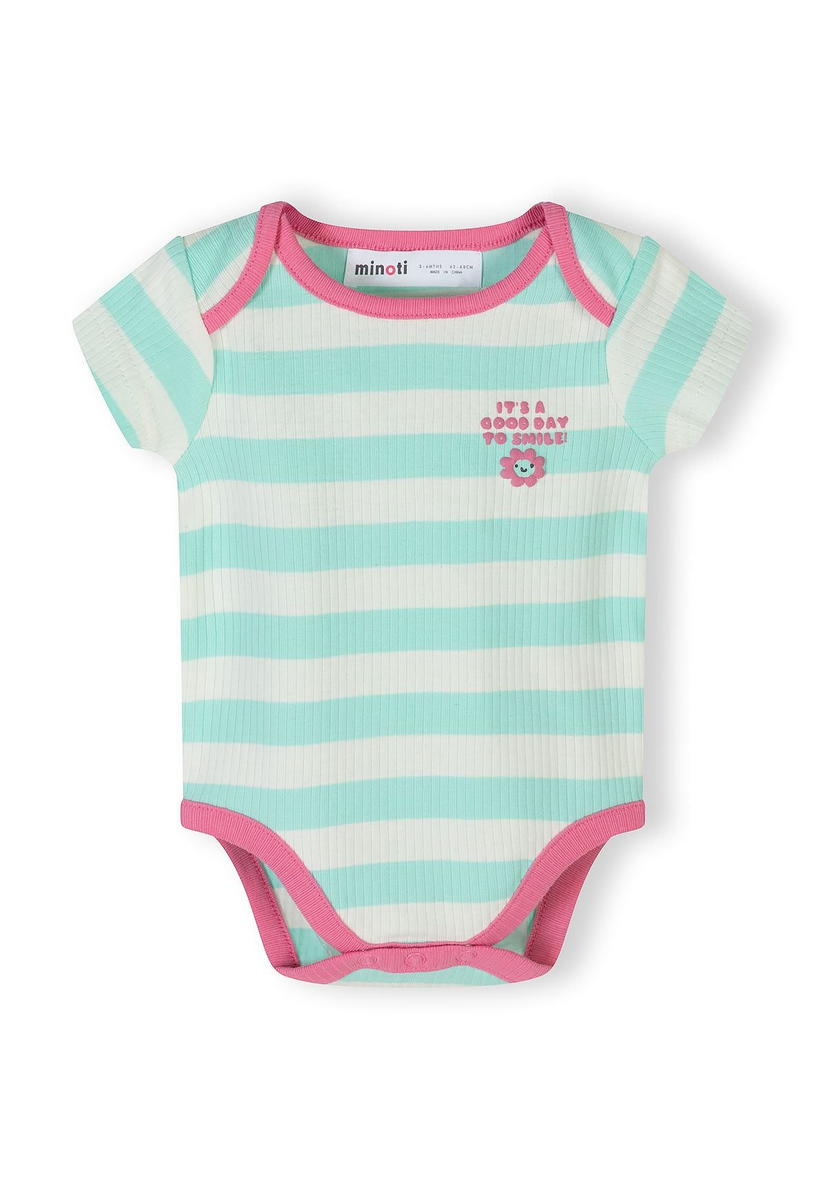 Girls' short sleeve bodysuit in pastel stripes, detail view with press-stud fastenings.