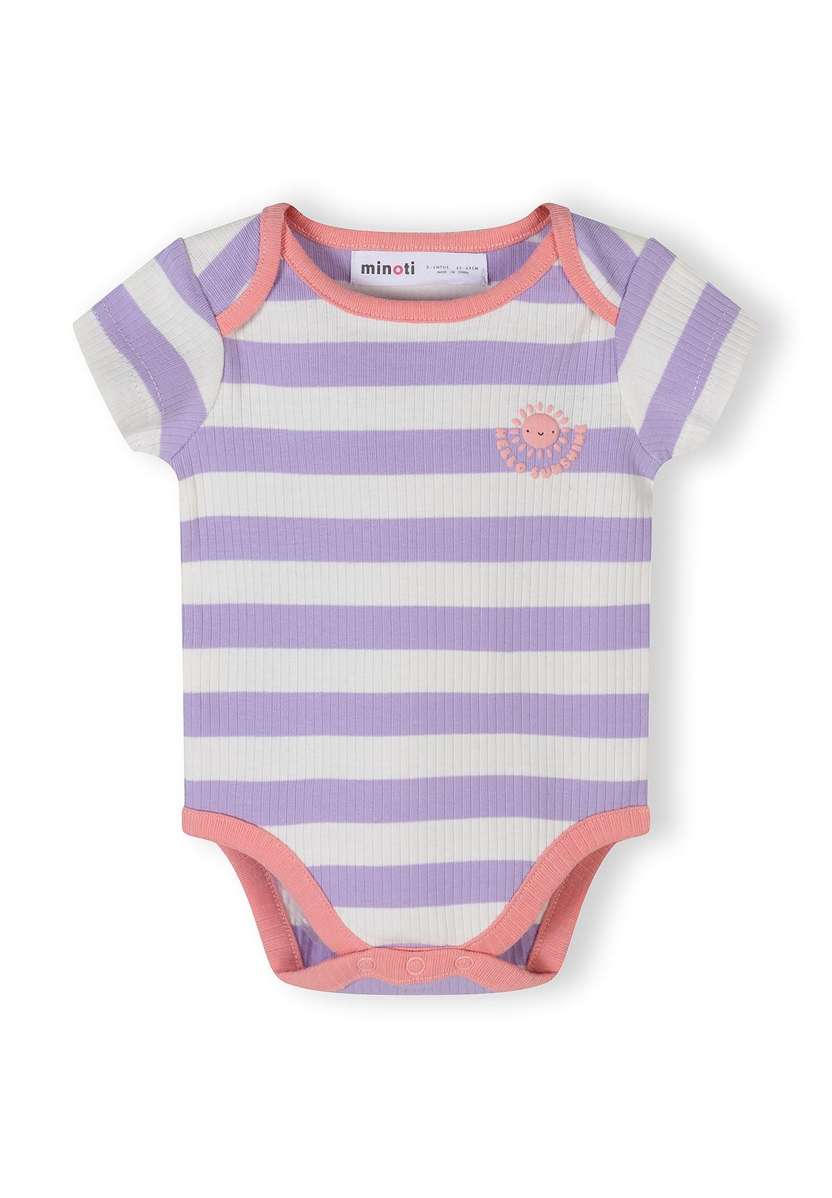 Close-up of a girls' short sleeve bodysuit in pastel stripes with a sun motif and snap fastenings.