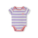 Single coral and white striped baby bodysuit with purple trim, displaying envelope neckline and heart motif with text on chest