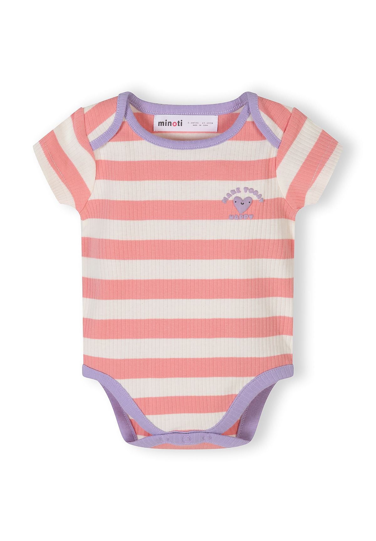 Close-up of a girls' short sleeve bodysuit in pastel stripes with a round neckline and press-stud fastenings.