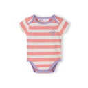 Single coral and white striped baby bodysuit with purple trim, displaying envelope neckline and heart motif with text on chest