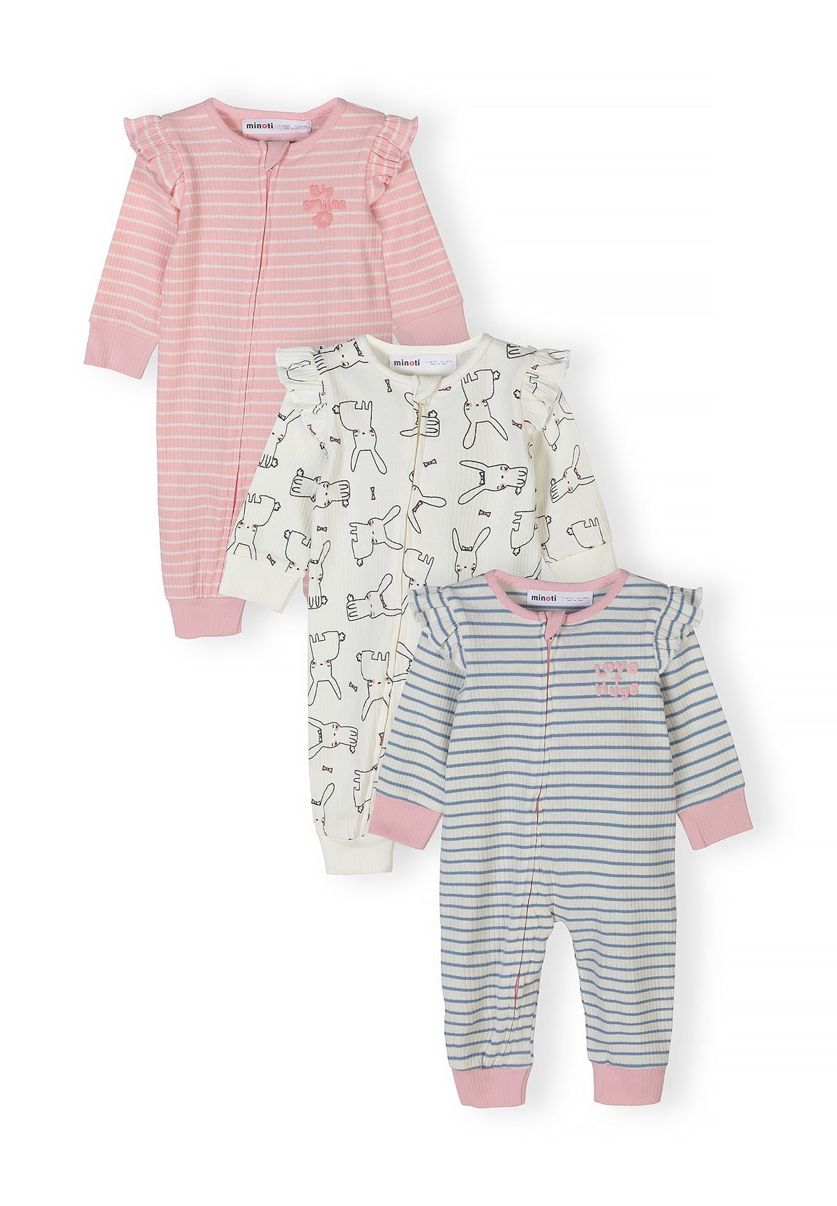 Three pink ribbed rompers for infants, featuring bunny prints and ruffled sleeves.