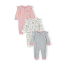 Girls 3-pack pink ribbed rompers with bunny prints, ruffles, and snap fastenings.