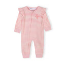 Pink ribbed long-sleeve romper with white stripes, ruffled shoulders, and a bunny appliqué.