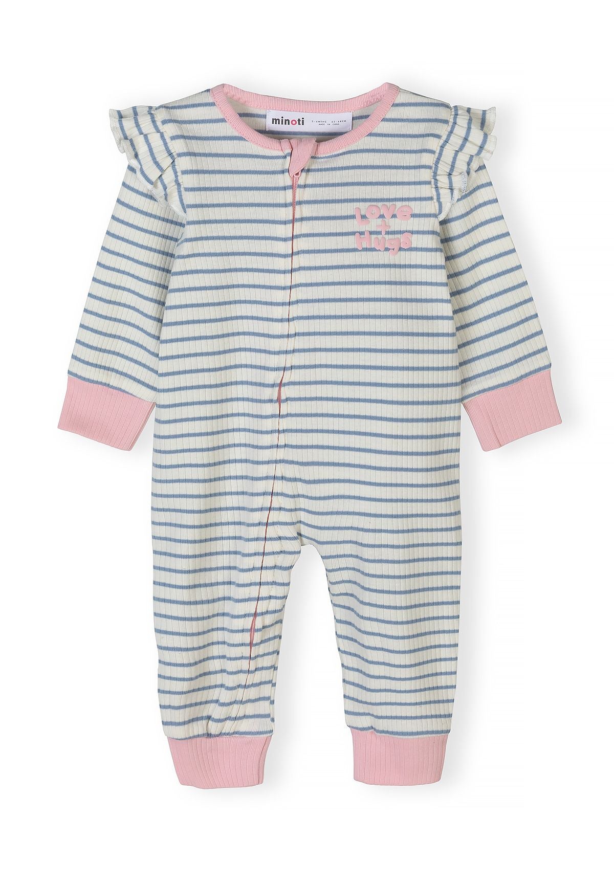 Girls ribbed romper with short sleeves, pink and blue stripes, and snap fastenings.