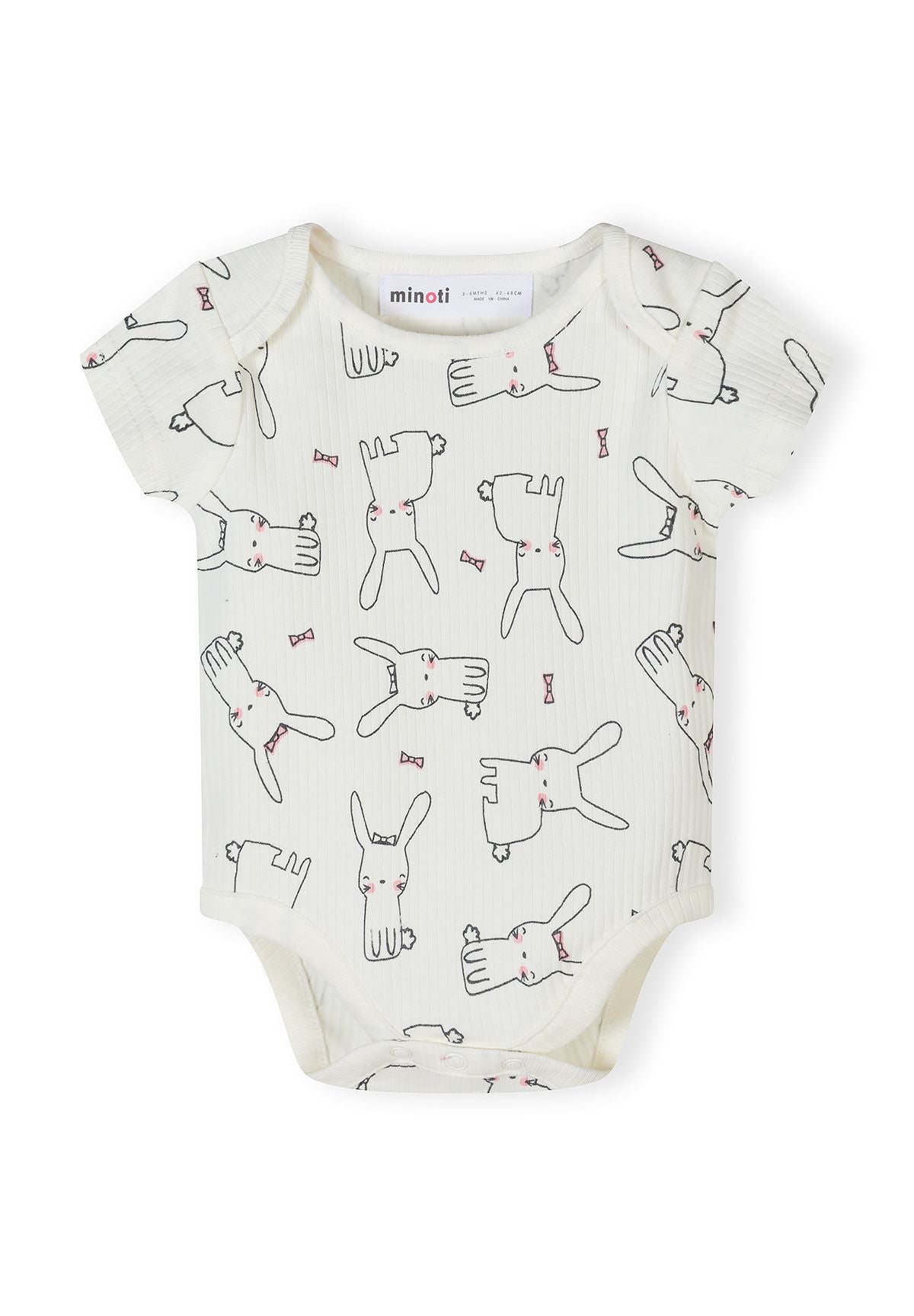 Girls short sleeve bodysuit in cream with rabbit print, front view.