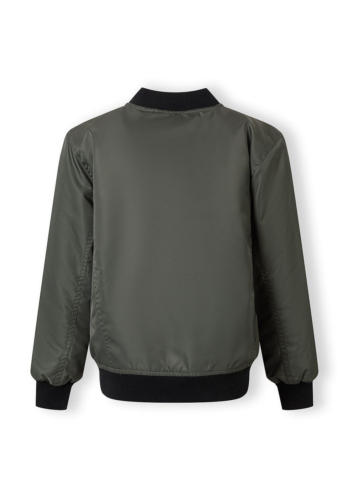Boys khaki lightweight bomber jacket, back view with ribbed collar and elasticated cuffs.