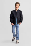 Boys black nylon bomber jacket with polyester padding utility pockets 3-15 years