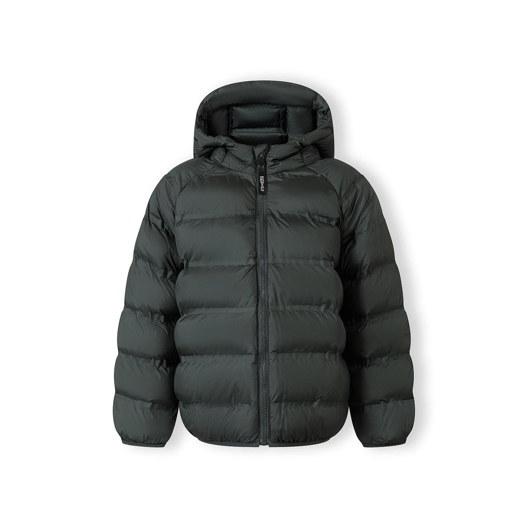 Emerald green padded jacket with hood laid flat showing quilted construction and full zip front closure