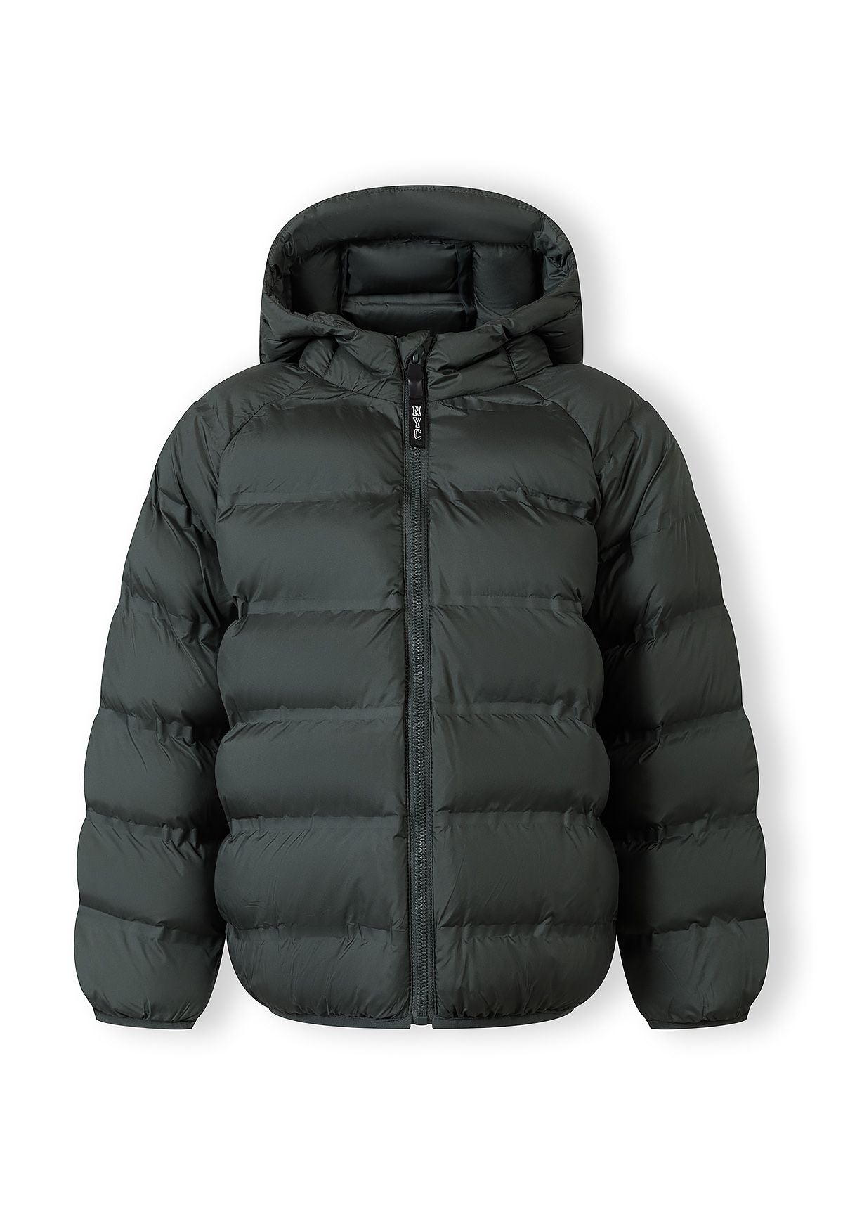 Boys lightweight hooded jacket, front view, emerald color, padded with full front zip.