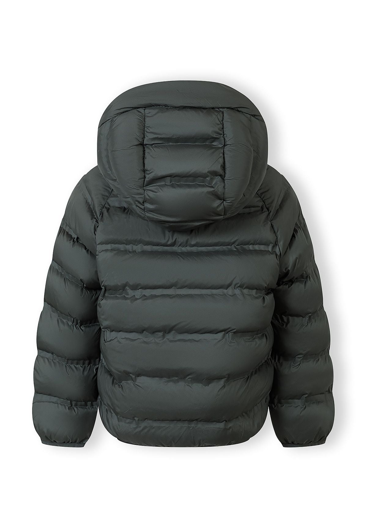 Back of a dark green puffer jacket.