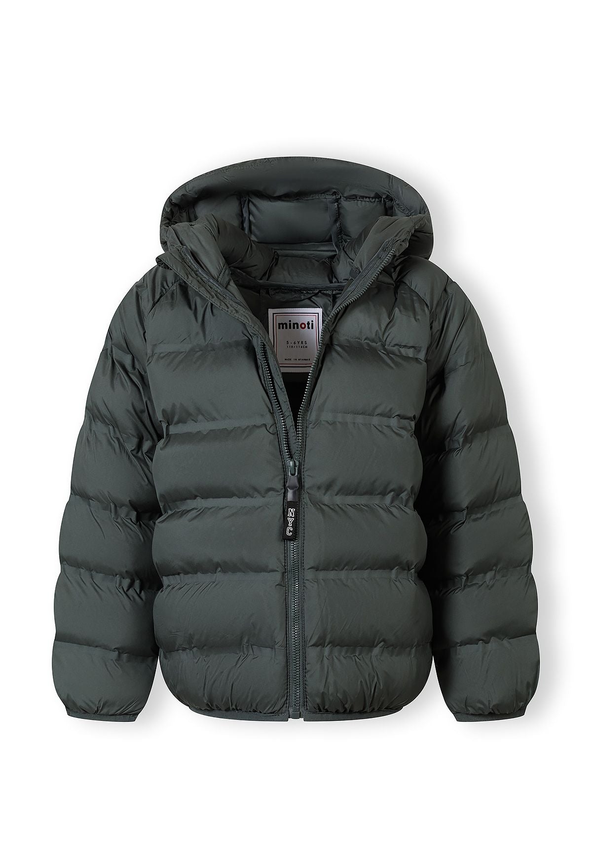 Boys lightweight hooded jacket, emerald, front view with full zip and padded insulation.