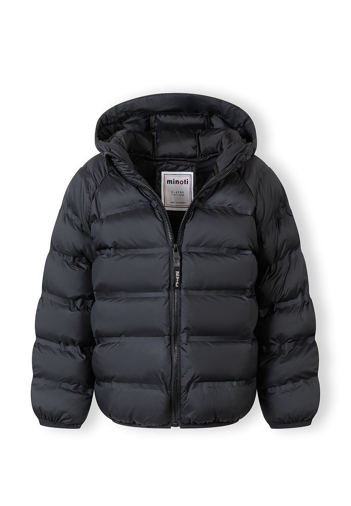Boys lightweight black hooded jacket, front view with dual pockets.
