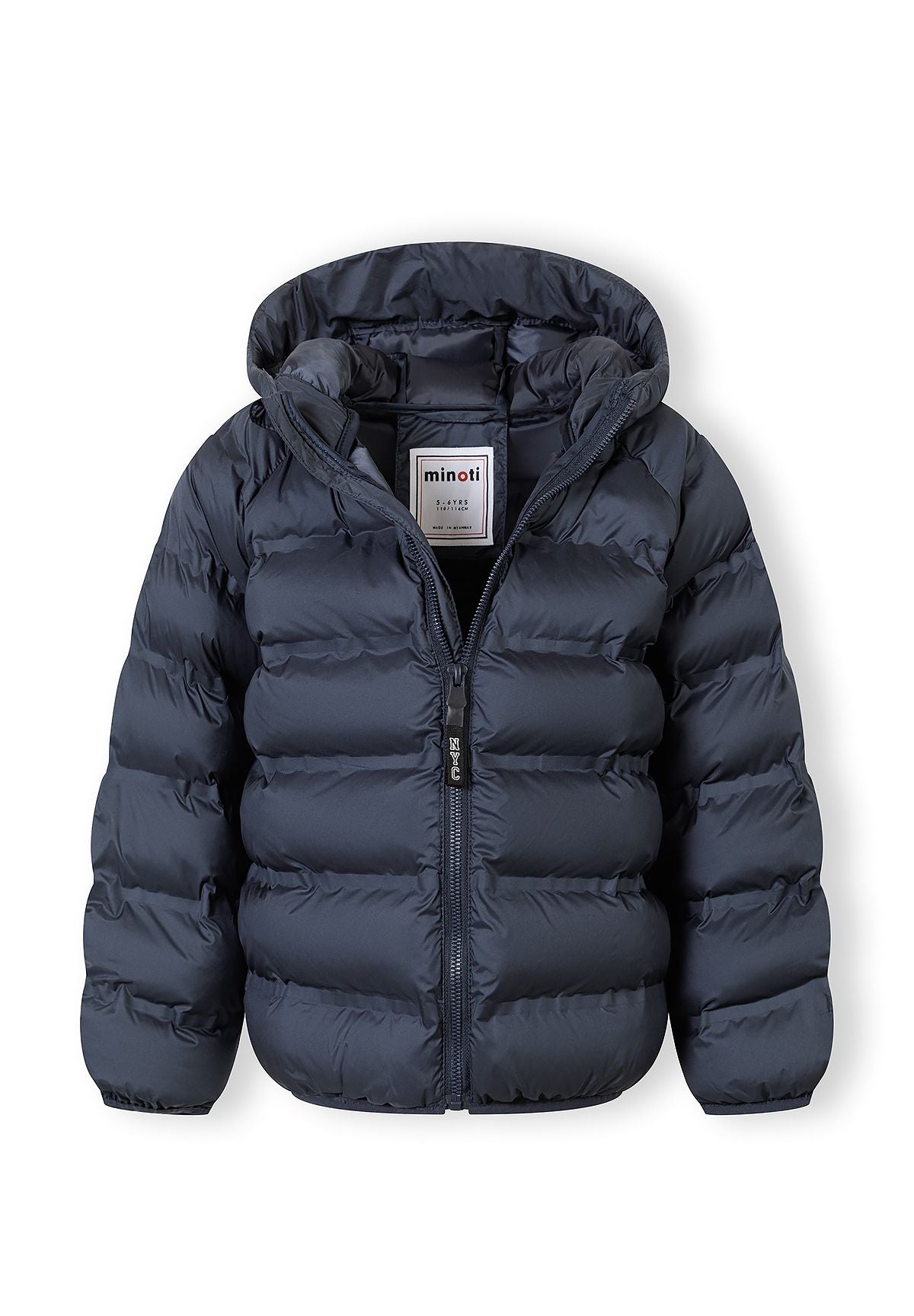 Boys navy blue lightweight hooded jacket, front view, features a full-length zip and padded design.