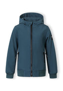Boys teal softshell jacket, front view, with adjustable hood and zippered pockets.