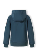 Boys teal softshell jacket, back view with hood and elasticated cuffs.