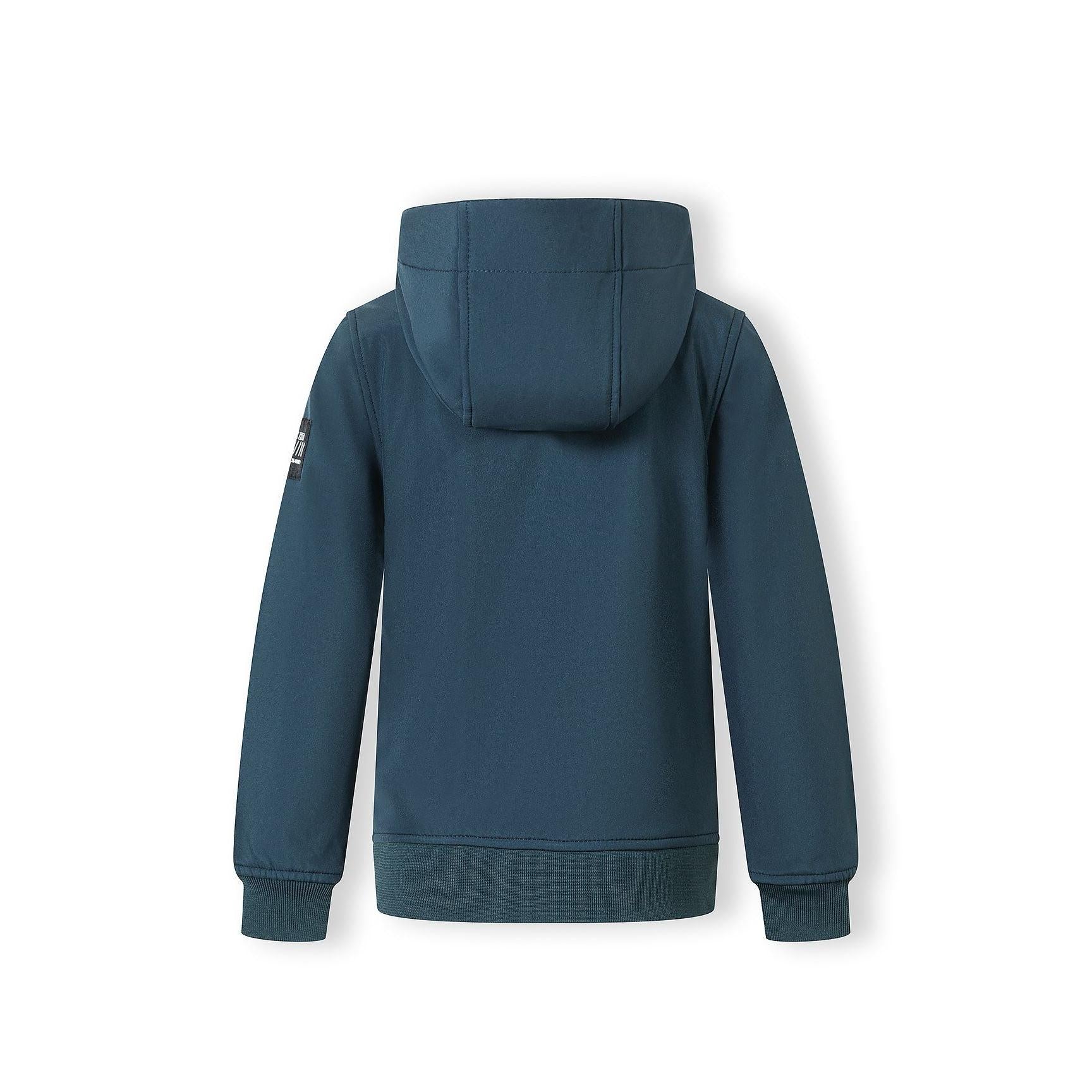 Back view of teal softshell jacket showing hood detail and ribbed hem construction against white background