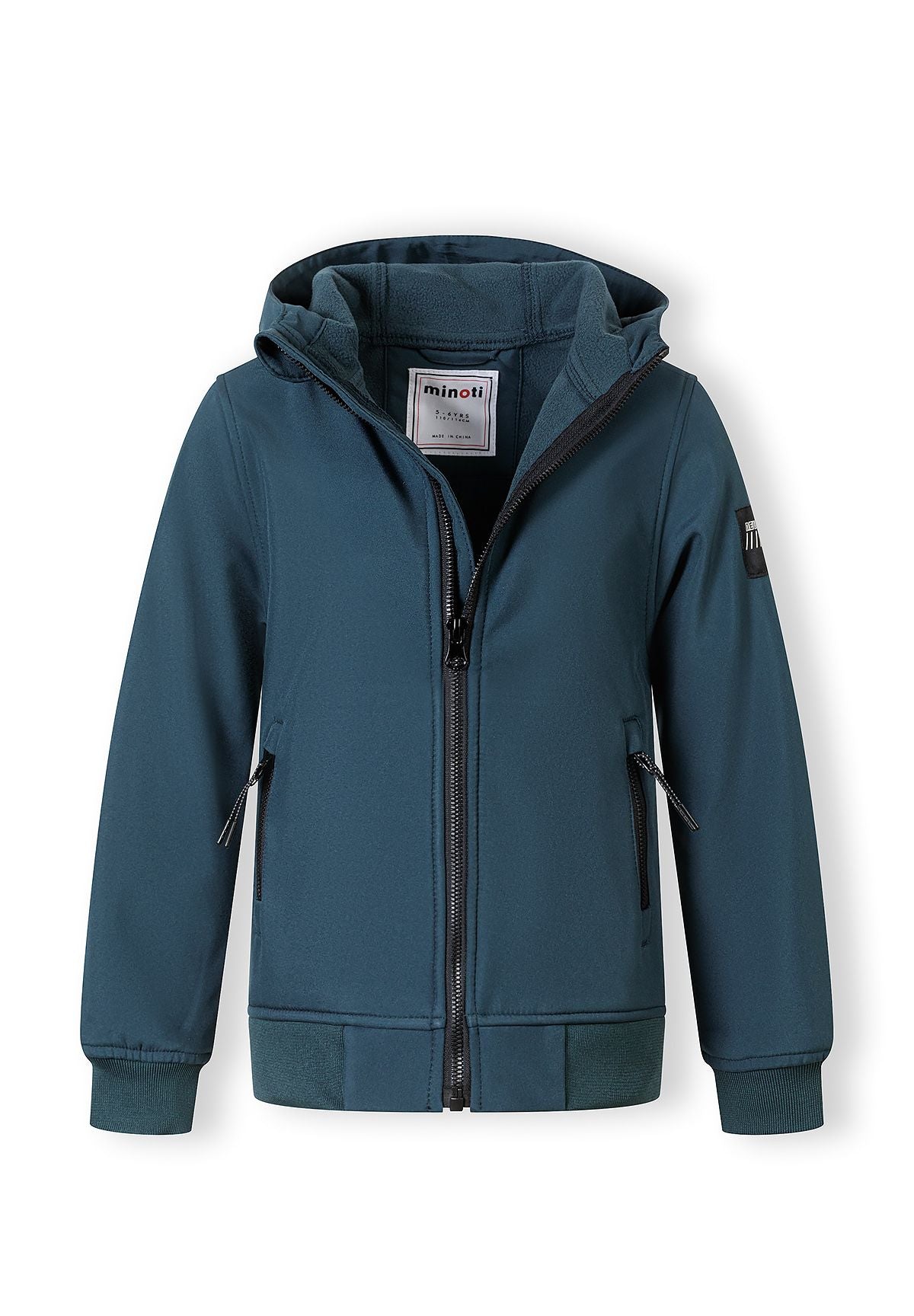 The teal hooded jacket shown open to reveal the inside.