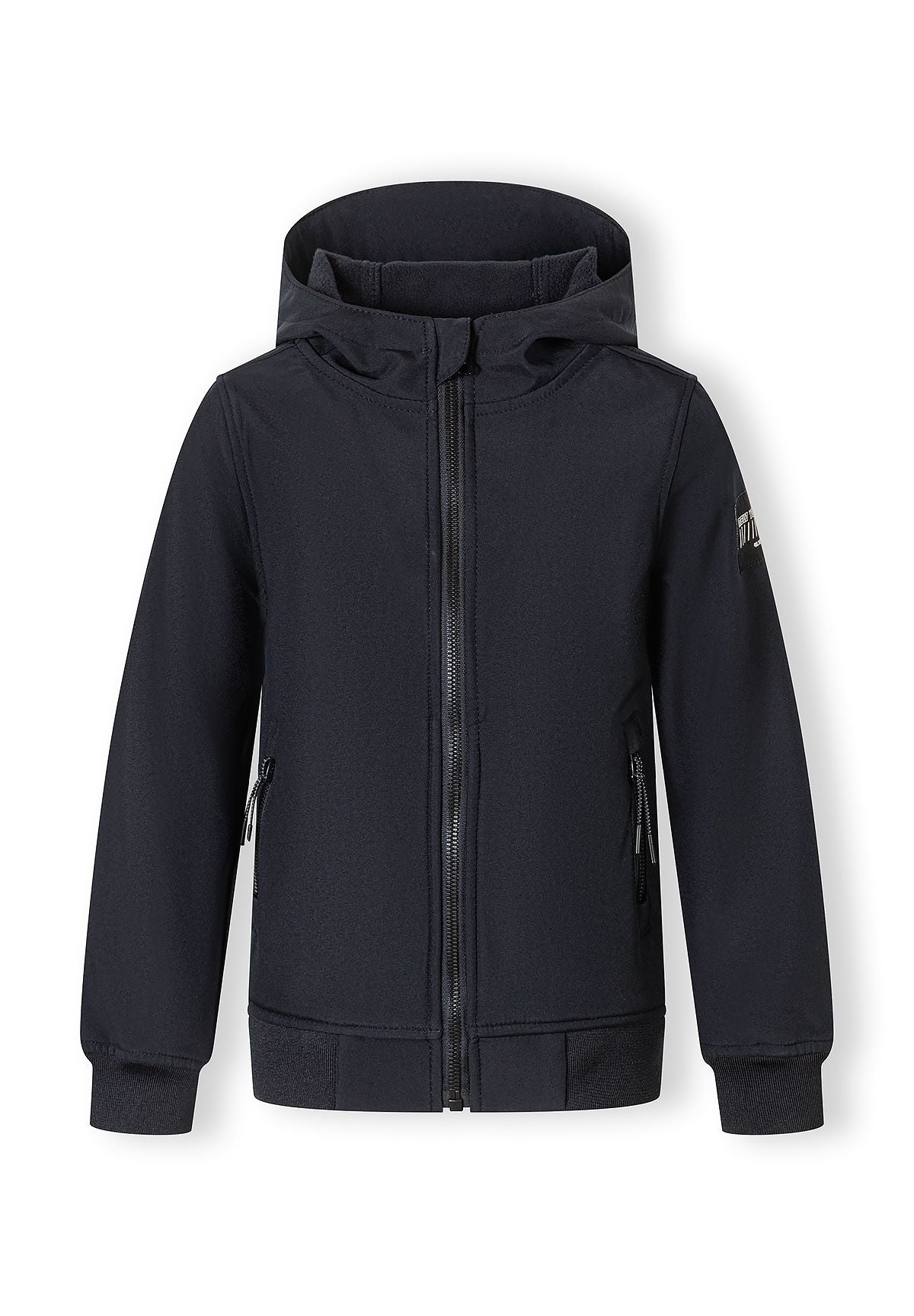 Boys black softshell jacket, front view, features adjustable hood and two zippered pockets.