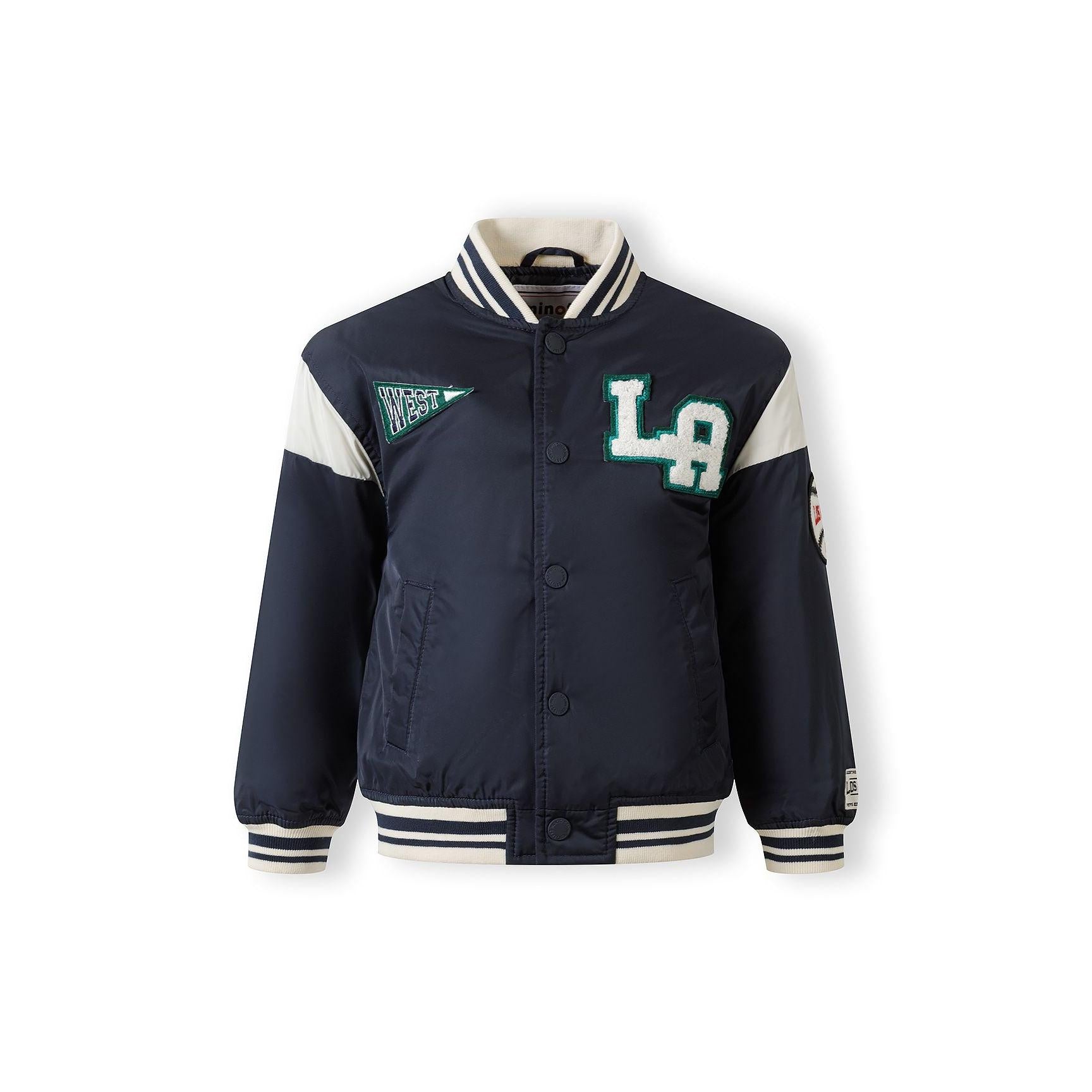 Navy varsity bomber jacket laid flat showing front view with green patches, white sleeves and ribbed trim details