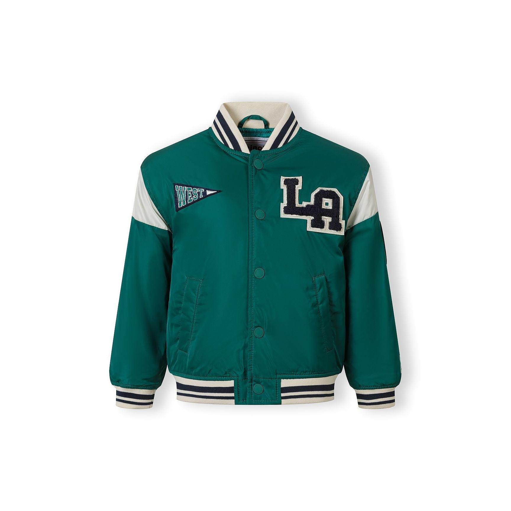 Green varsity bomber jacket laid flat showing front view with LA patch, WEST patch, and cream contrast sleeves