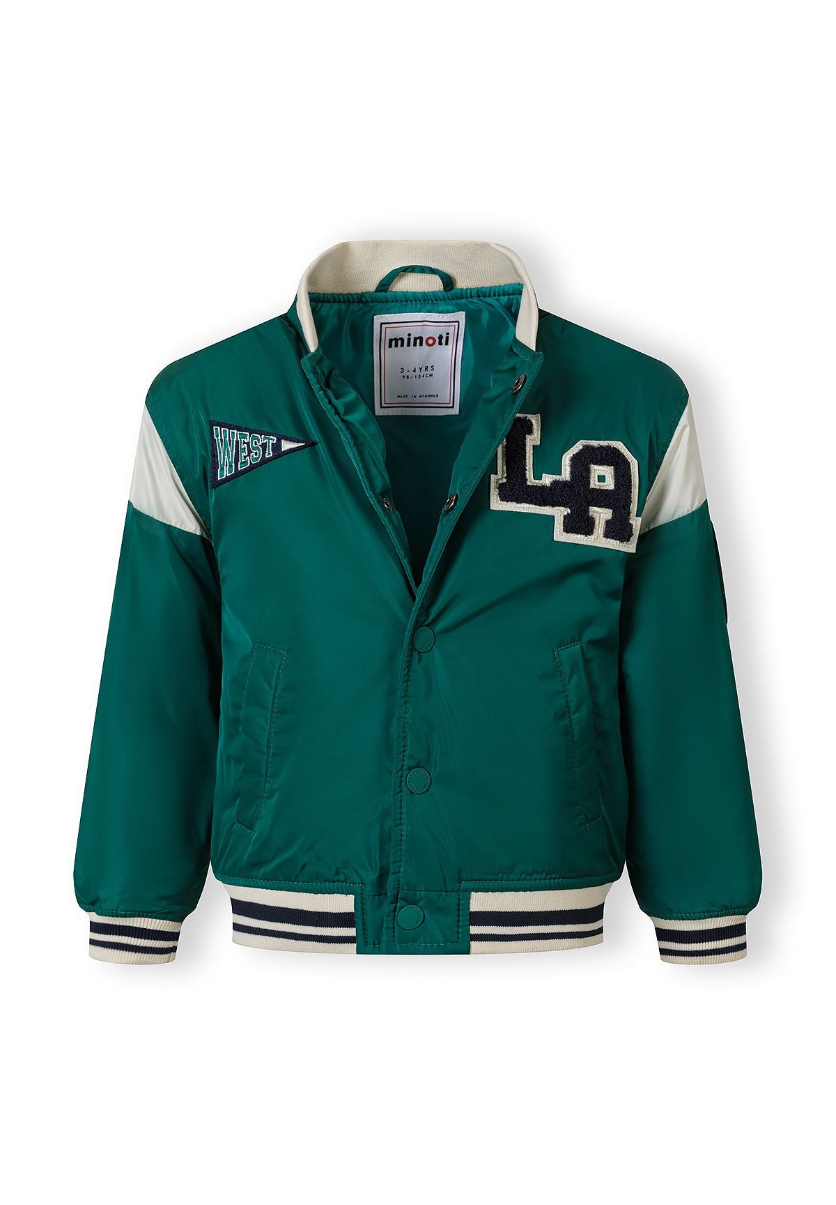 Boys varsity bomber jacket in green with snap fasteners and embroidered details, front view.