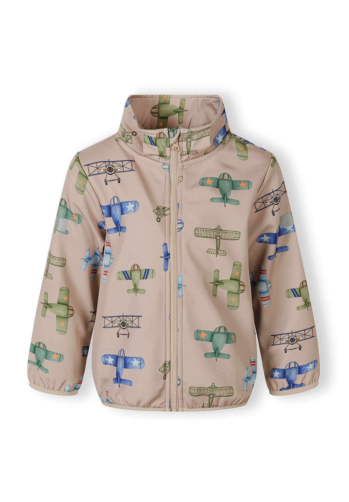 Boys softshell jacket in sand with aeroplane print, front view, features zippered pockets and attached hood.