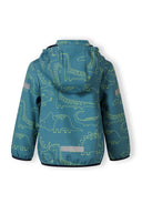 Boys' turquoise softshell jacket with dinosaur print, back view, features adjustable hood and reflective detail.
