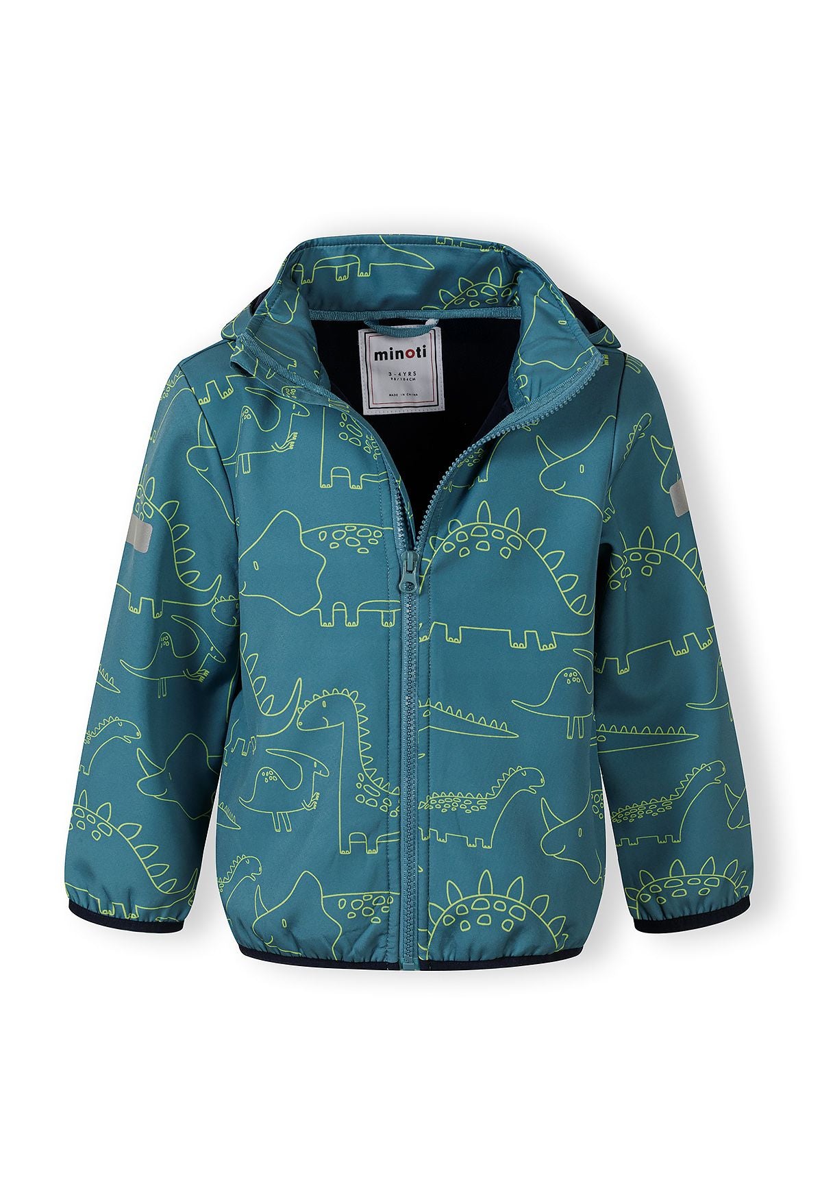 The teal hooded printed jacket shown open to reveal the inside.