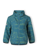 Boys' turquoise softshell jacket with dinosaur print, front view, features adjustable hood and full-length zip.