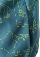 Detail of boys' turquoise softshell jacket with dinosaur print.