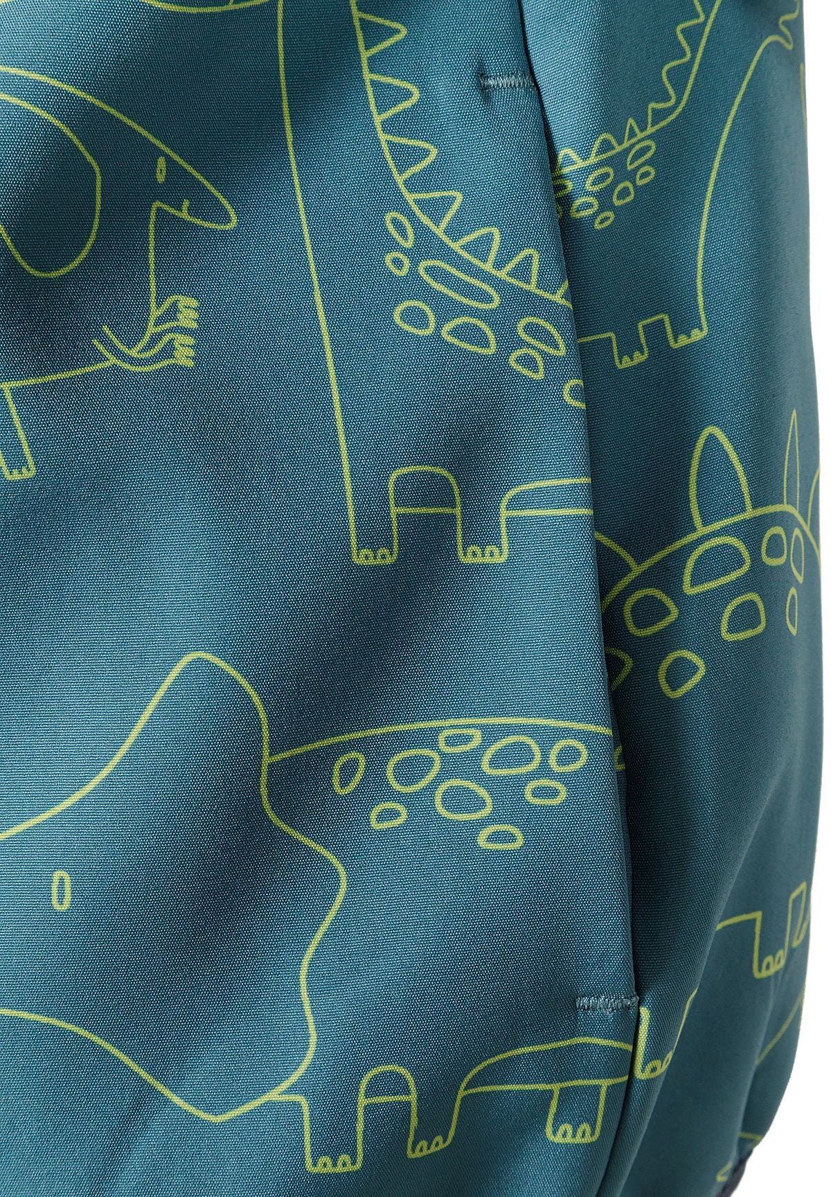 Close-up of the pocket and print on the teal hooded printed jacket.