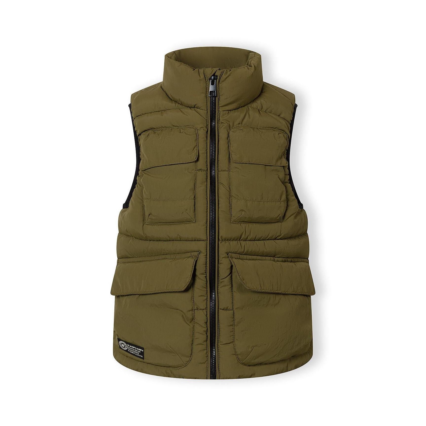 Back view of olive green padded waistcoat showing quilted construction and stand collar on white background