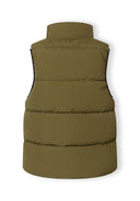 Olive padded nylon waistcoat for boys with stand collar, showcasing a practical and stylish design for kids fashion.