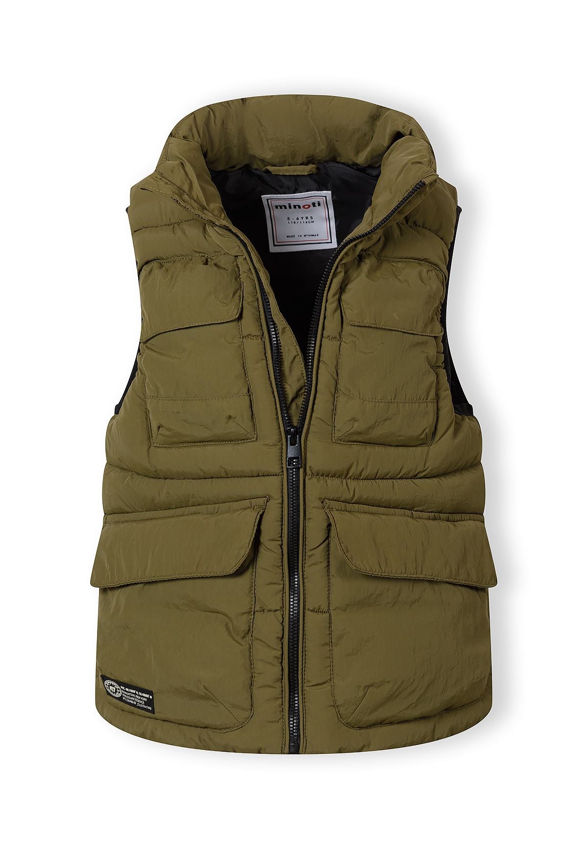 Boys olive padded utility waistcoat, front view with zip and flap pockets.