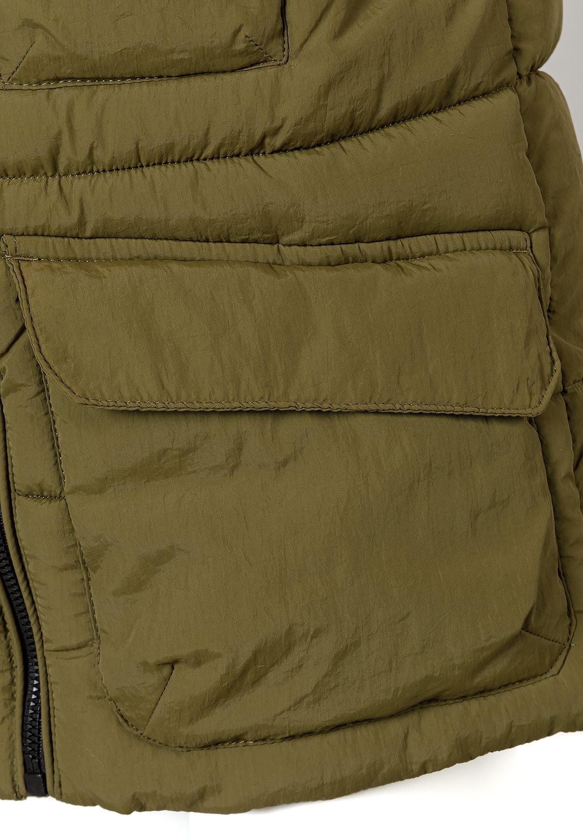 Olive green utility padded gilet, flap pocket detail.
