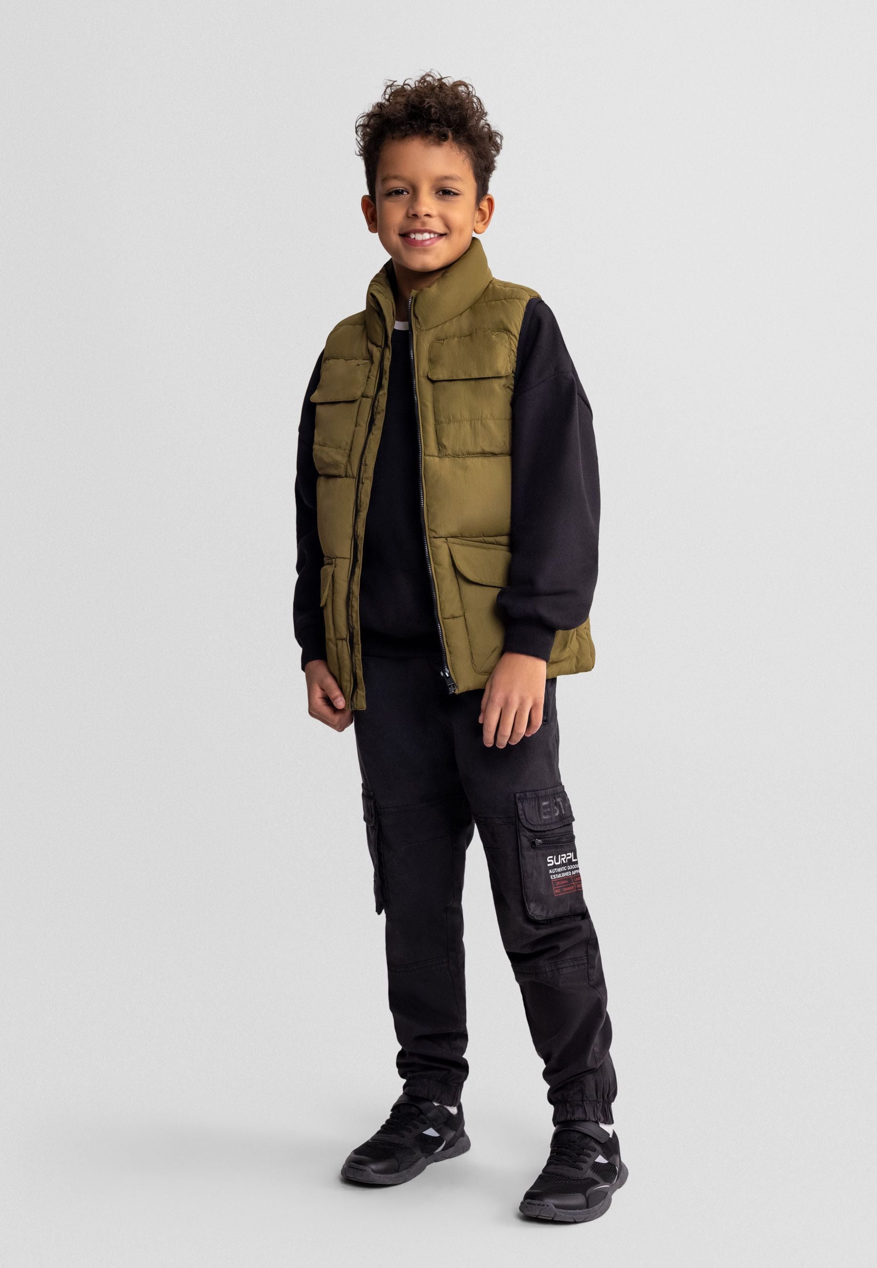 Padded Utility Waistcoat, Olive Green, Multi Pocket - 1