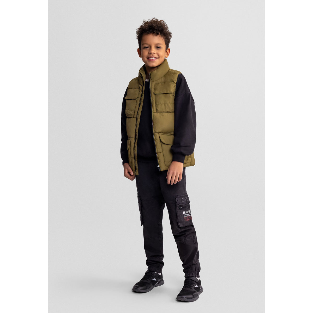 Boys' utility padded gilet in olive green — complete product view for square Shop card