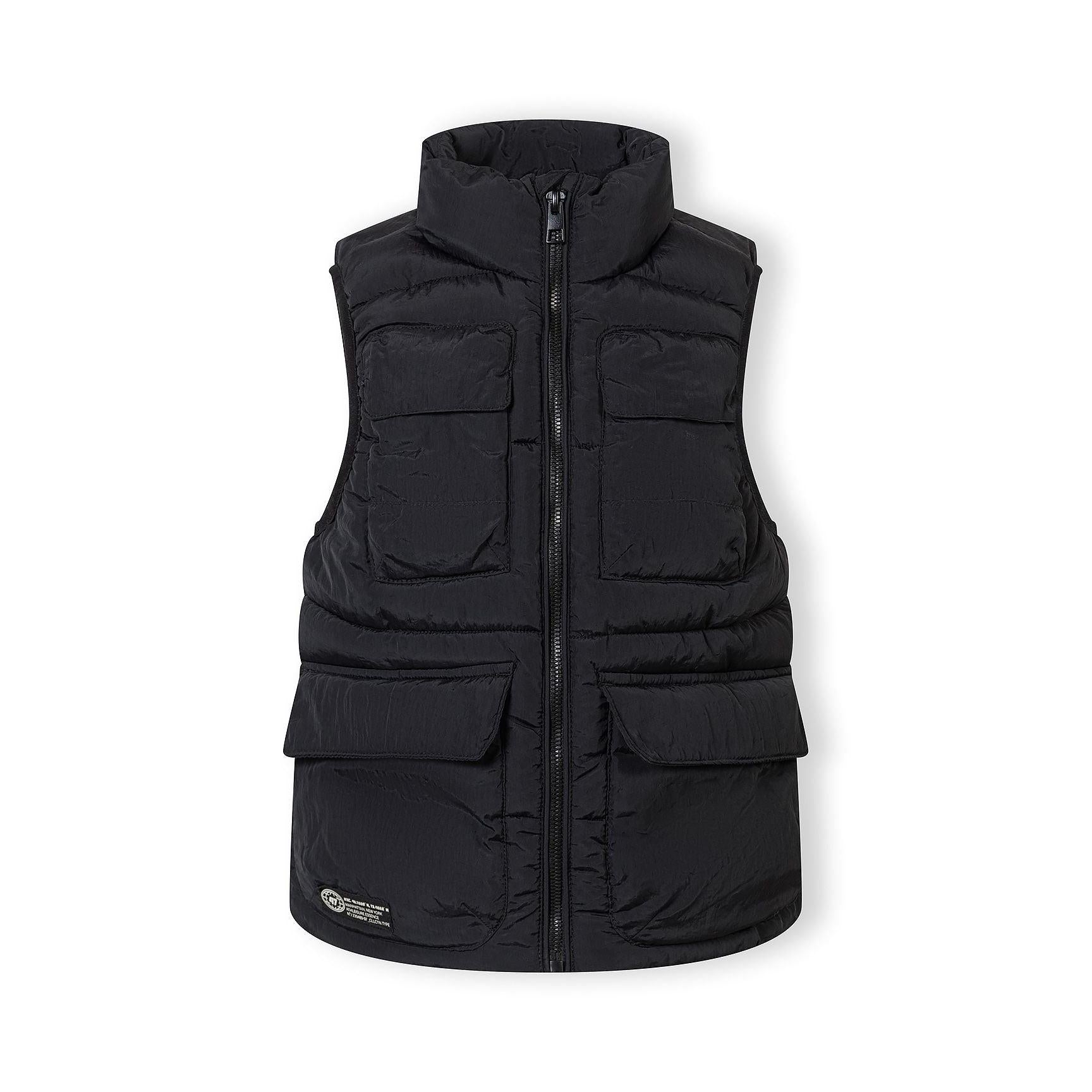 Black quilted waistcoat laid flat showing full length design with stand collar and quilted padding pattern on white background